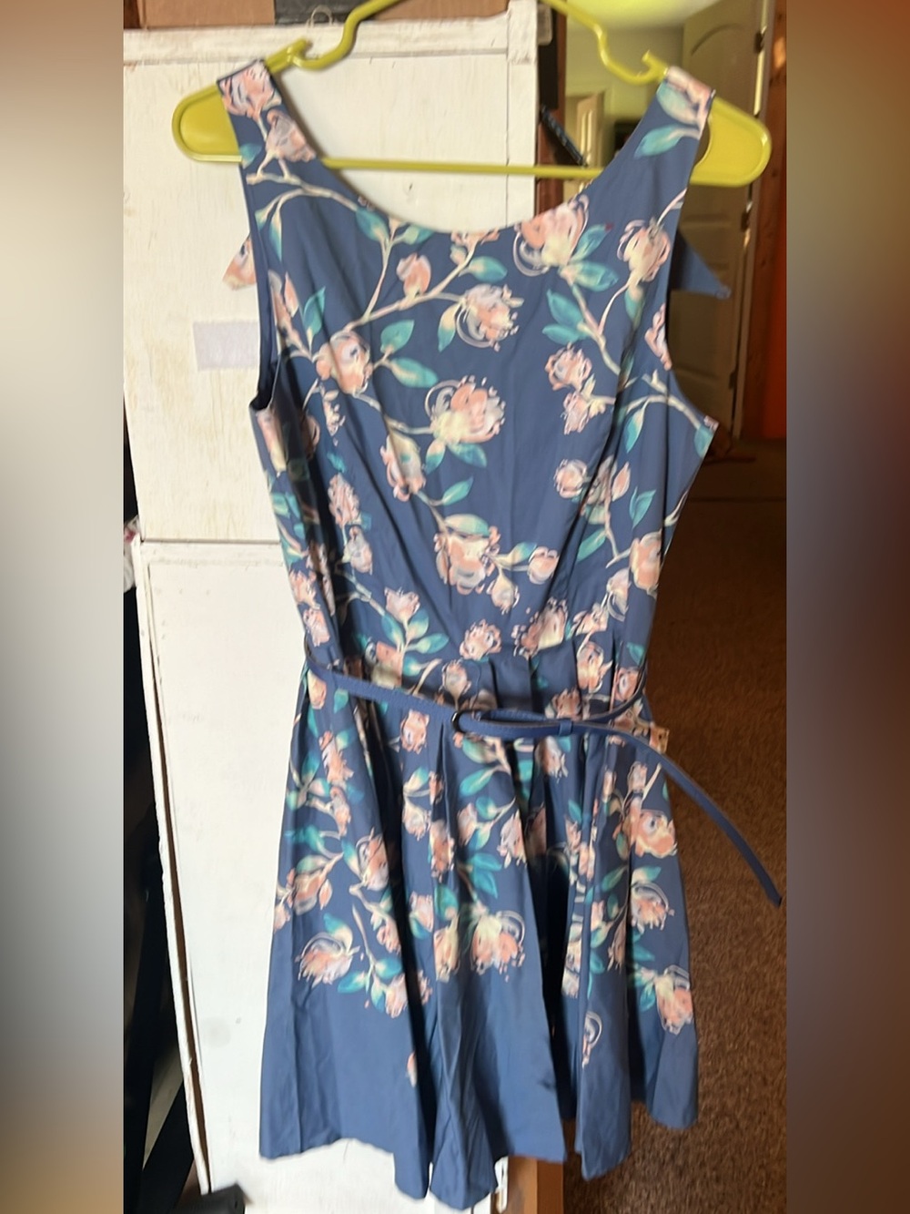 Floral Scoop Neck Fit-and-Flare Dress in Slate Blue